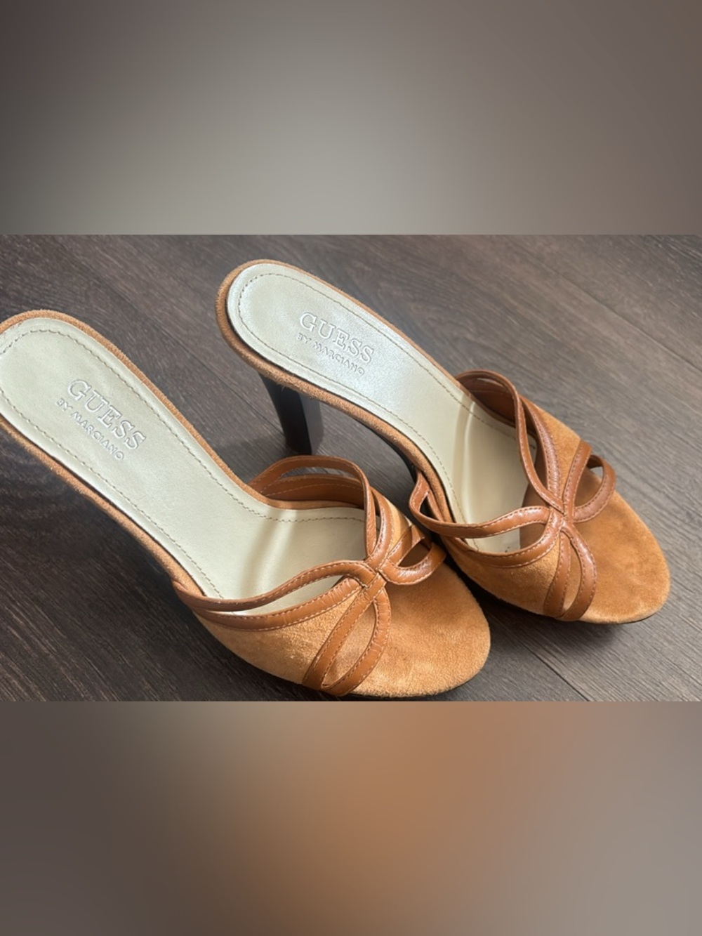 Guess Tan Suede Strappy Mule Heels